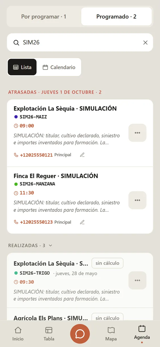 Agenda de Amber en el móvil con visitas de demostración